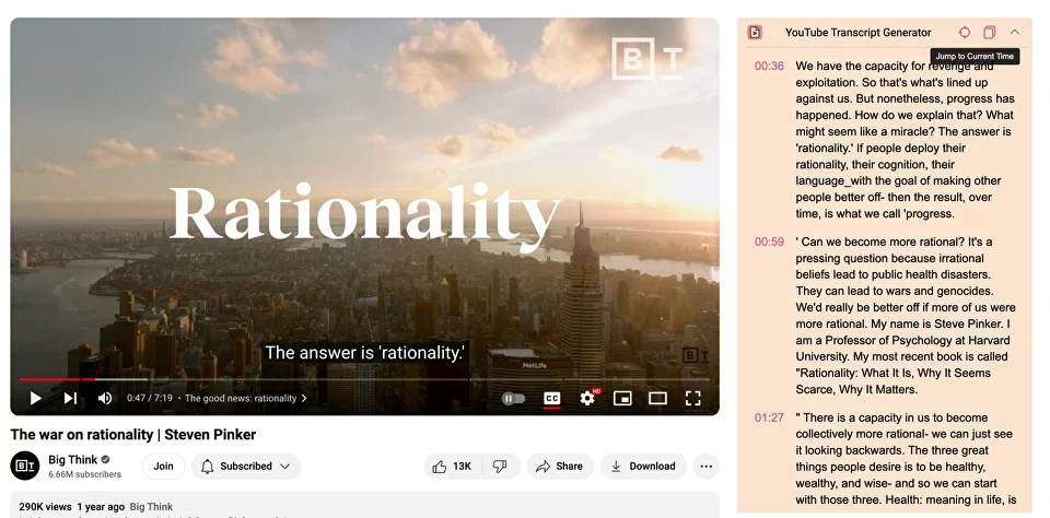 How to jump to current watching time in YouTube Transcript Generator